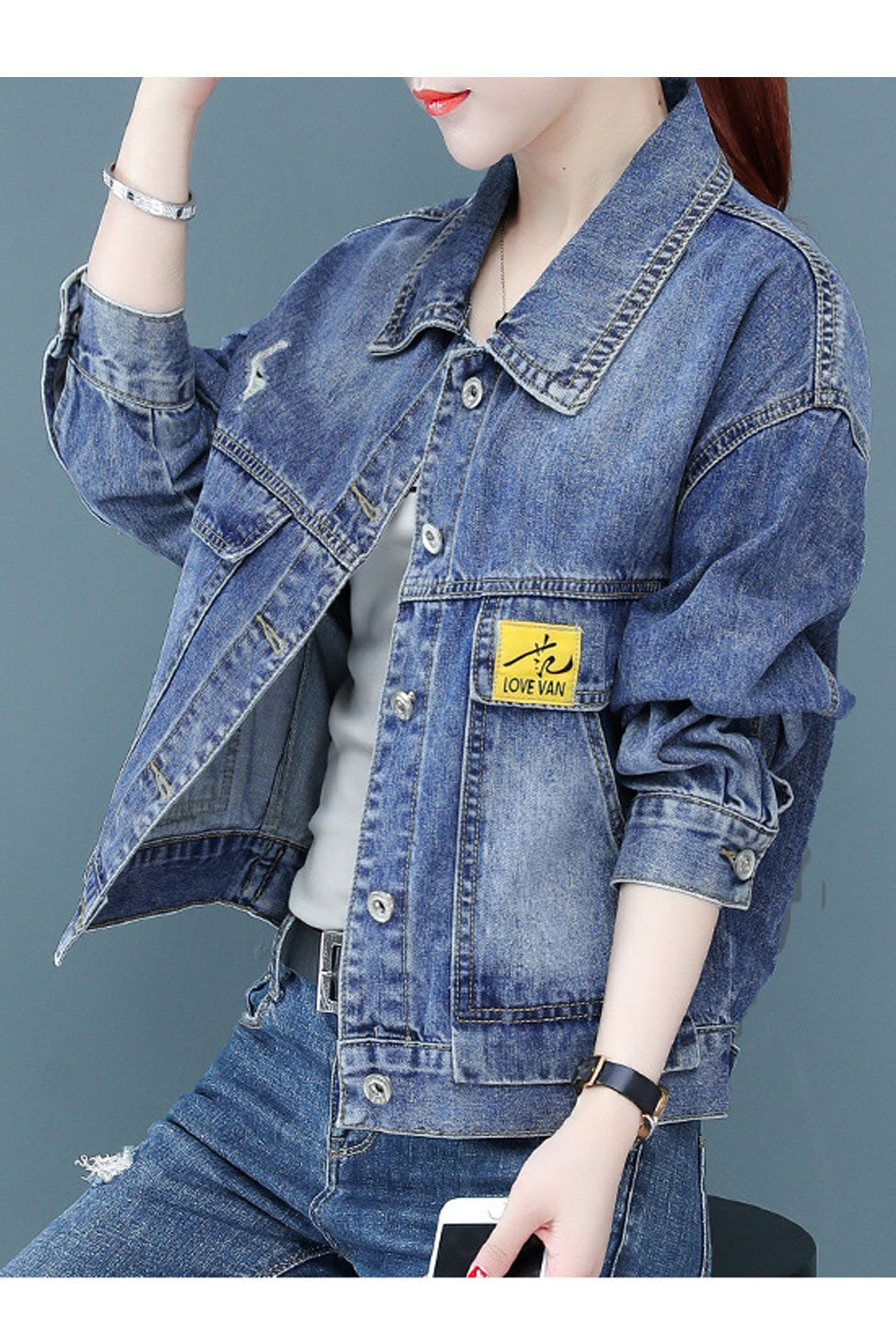 Women Easy Button Closure Long Sleeve Collar Nec Modish Warm Winter Casual Denim Jacket