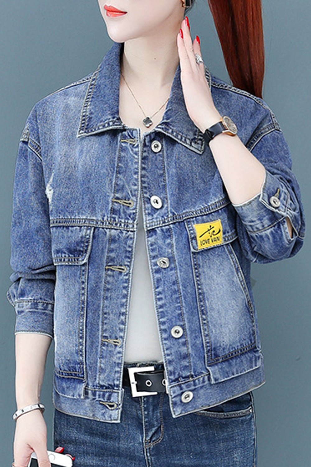 Women Easy Button Closure Long Sleeve Collar Nec Modish Warm Winter Casual Denim Jacket