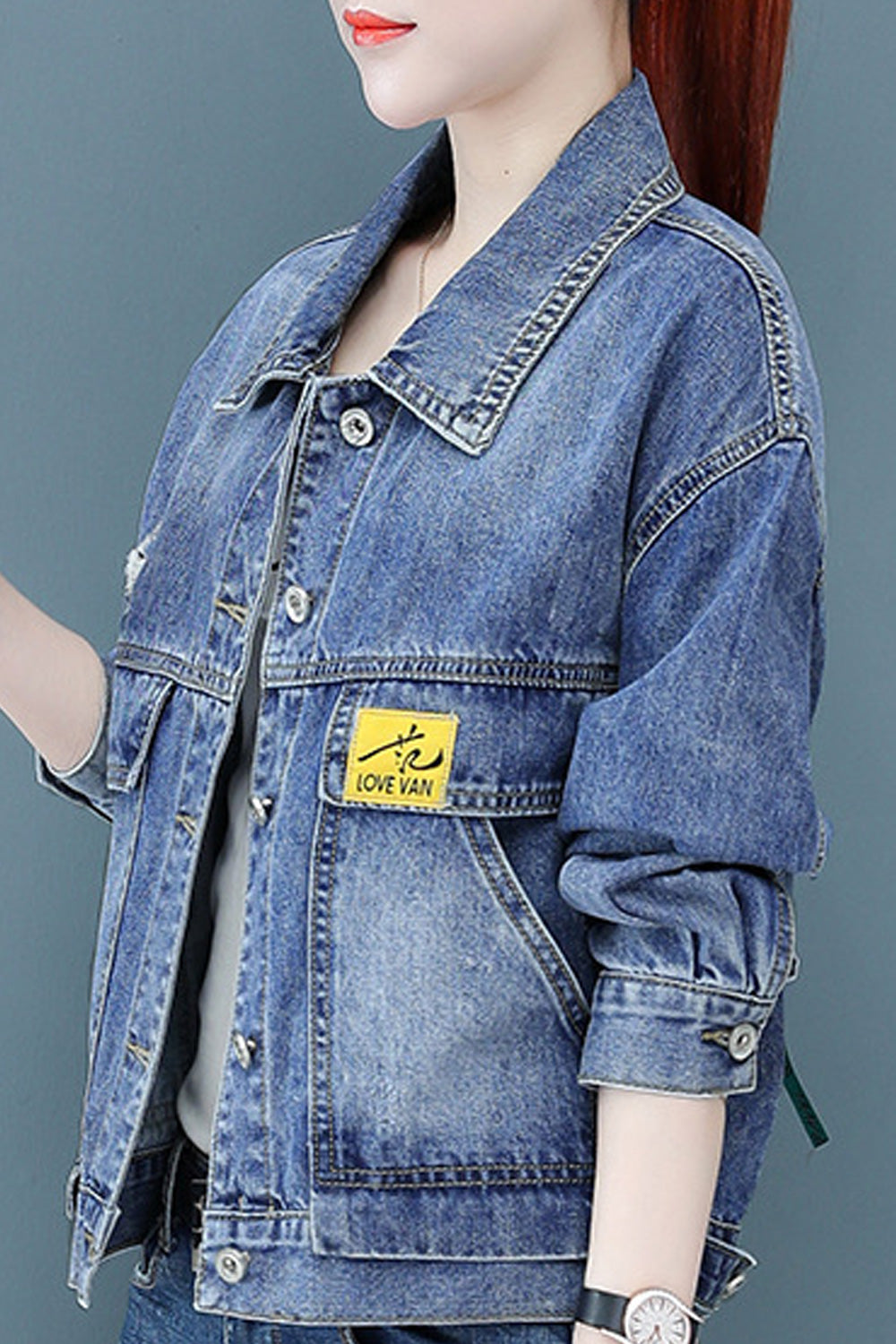 Women Easy Button Closure Long Sleeve Collar Nec Modish Warm Winter Casual Denim Jacket