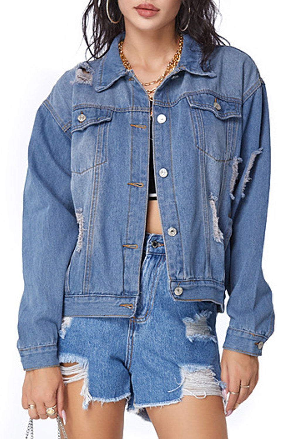 Women Delightful Long Sleeve Ripped Style Button Closure Elegant Denim Jacket