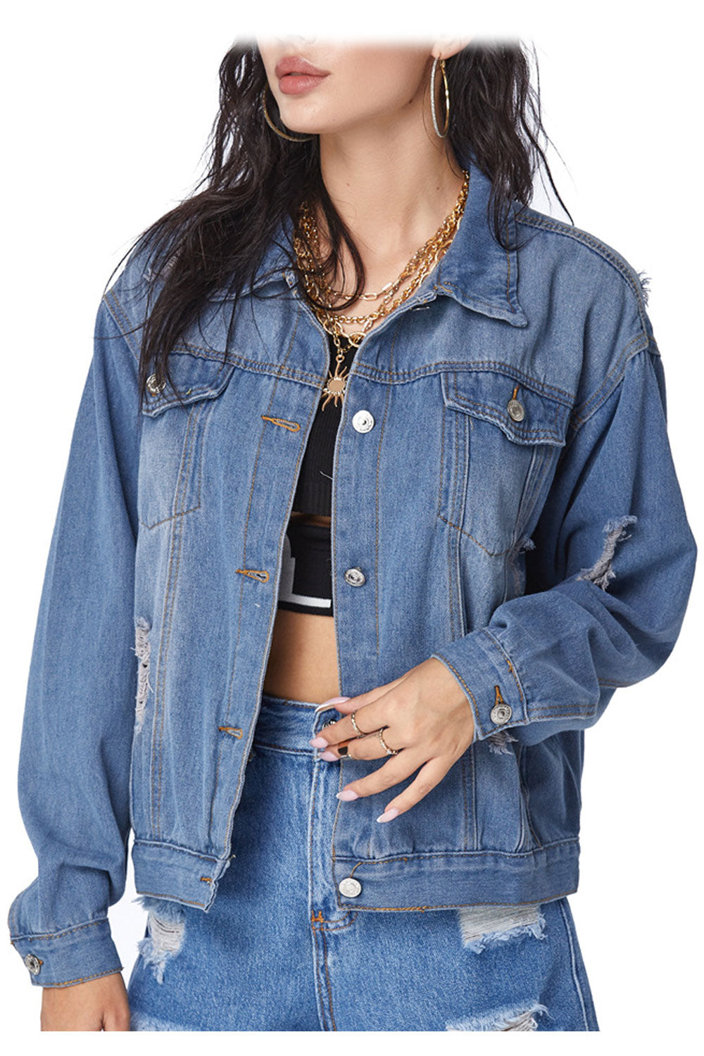 Women Delightful Long Sleeve Ripped Style Button Closure Elegant Denim Jacket