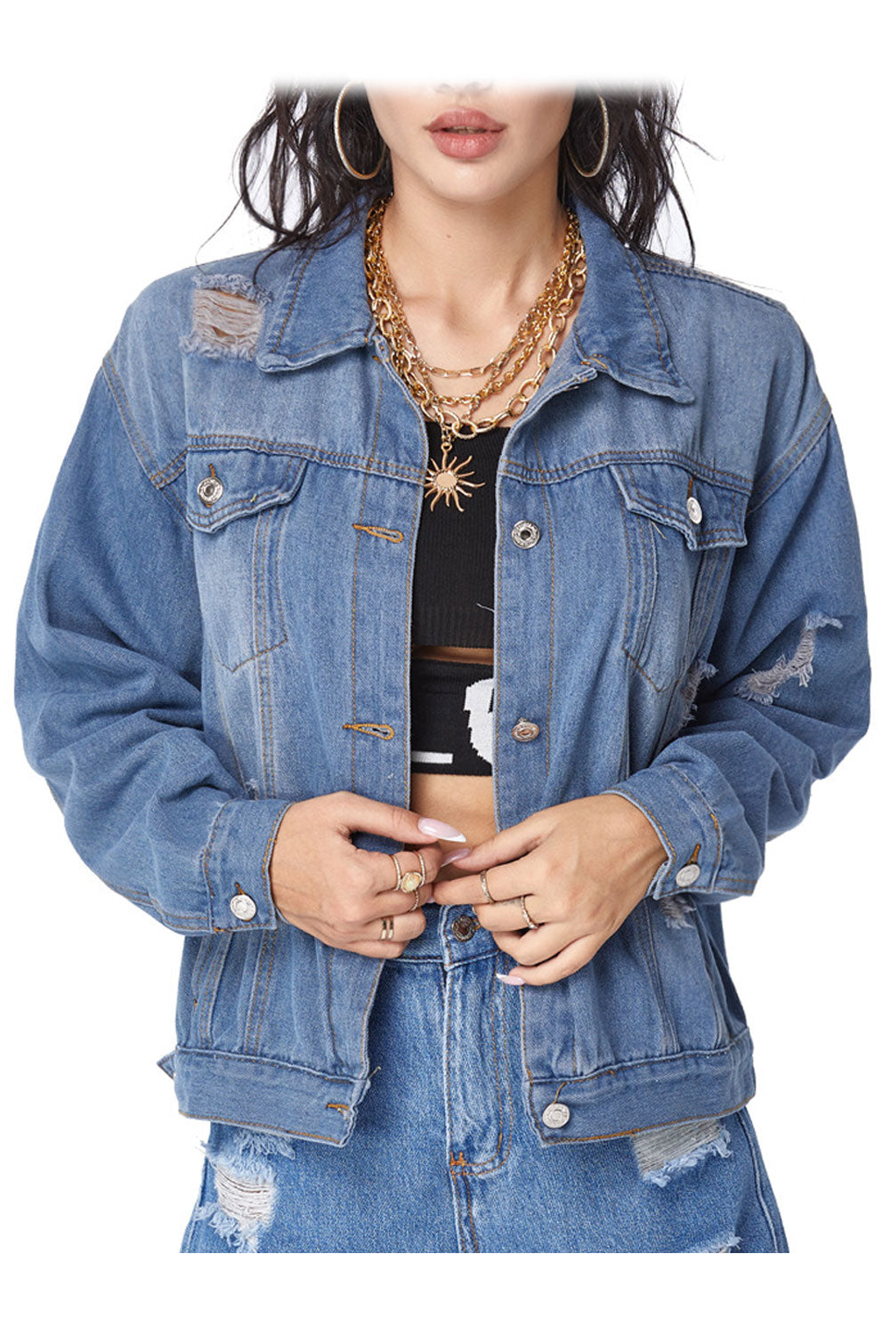 Women Delightful Long Sleeve Ripped Style Button Closure Elegant Denim Jacket