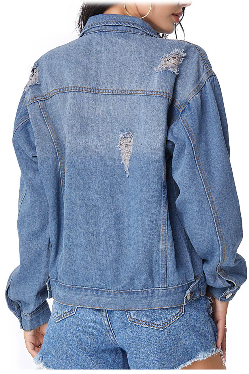 Women Delightful Long Sleeve Ripped Style Button Closure Elegant Denim Jacket