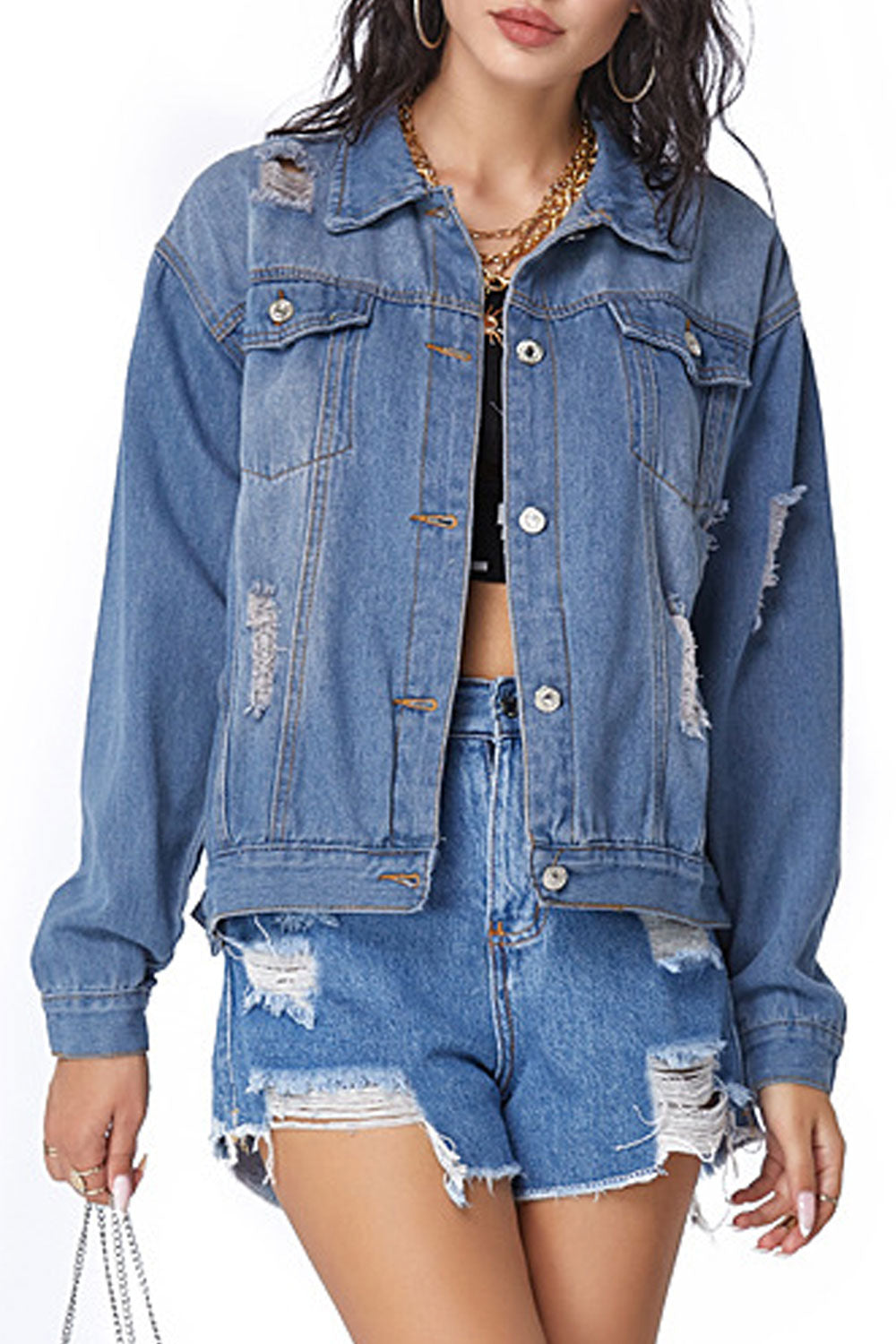 Women Delightful Long Sleeve Ripped Style Button Closure Elegant Denim Jacket