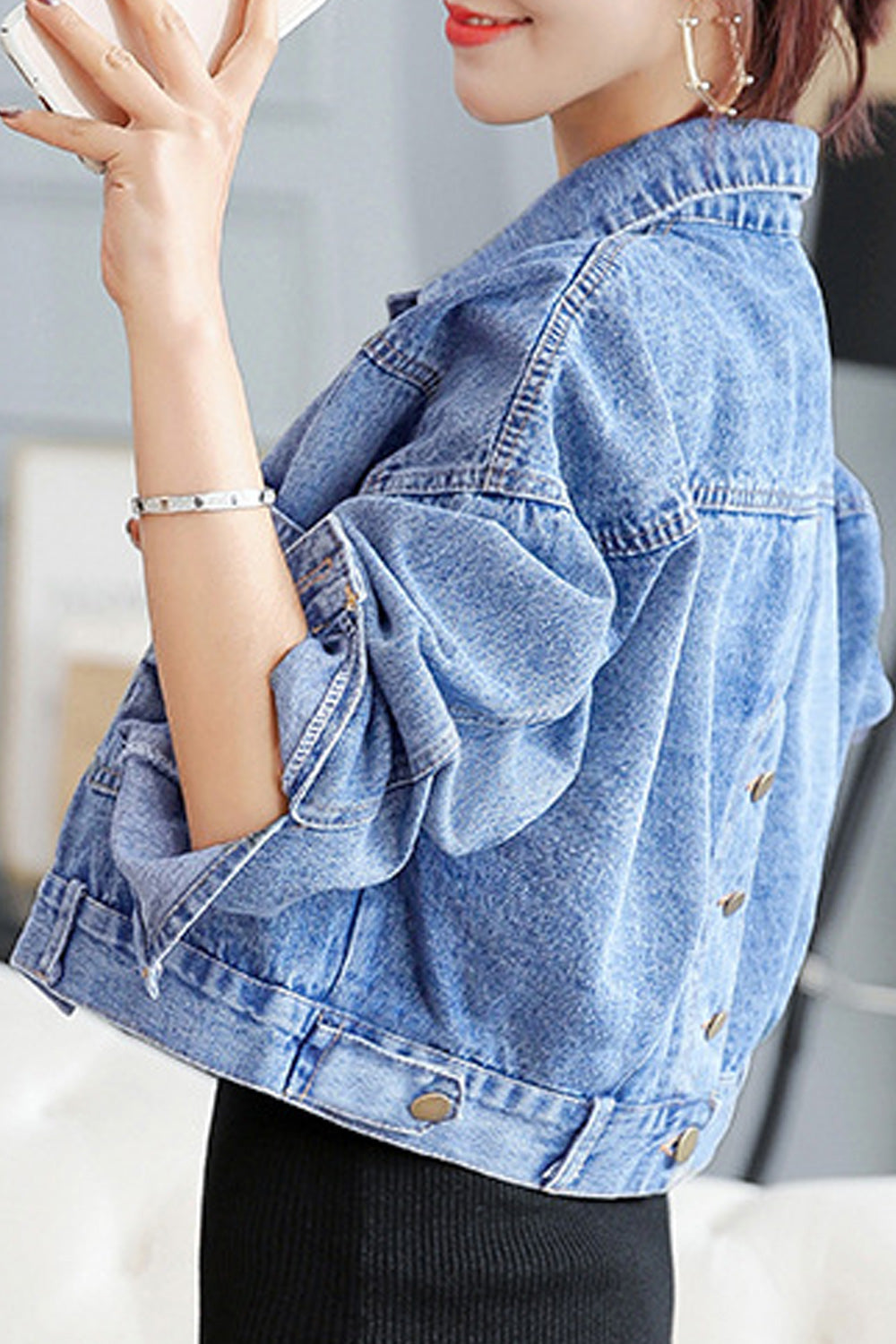 Women Simple Solid Colored Long Sleeve Collar Neck Fantastic Wind Breaker Denim Jacket