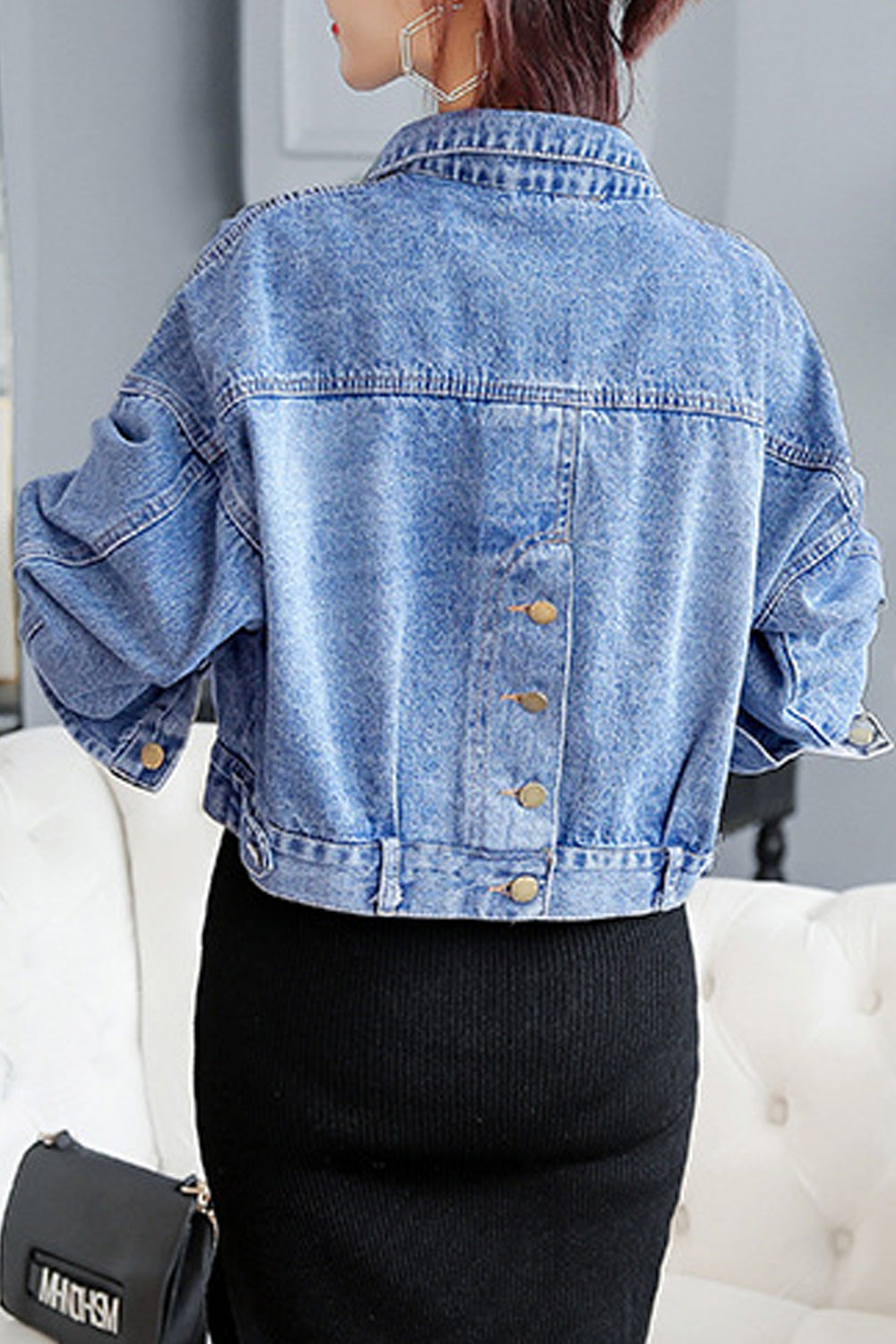 Women Simple Solid Colored Long Sleeve Collar Neck Fantastic Wind Breaker Denim Jacket