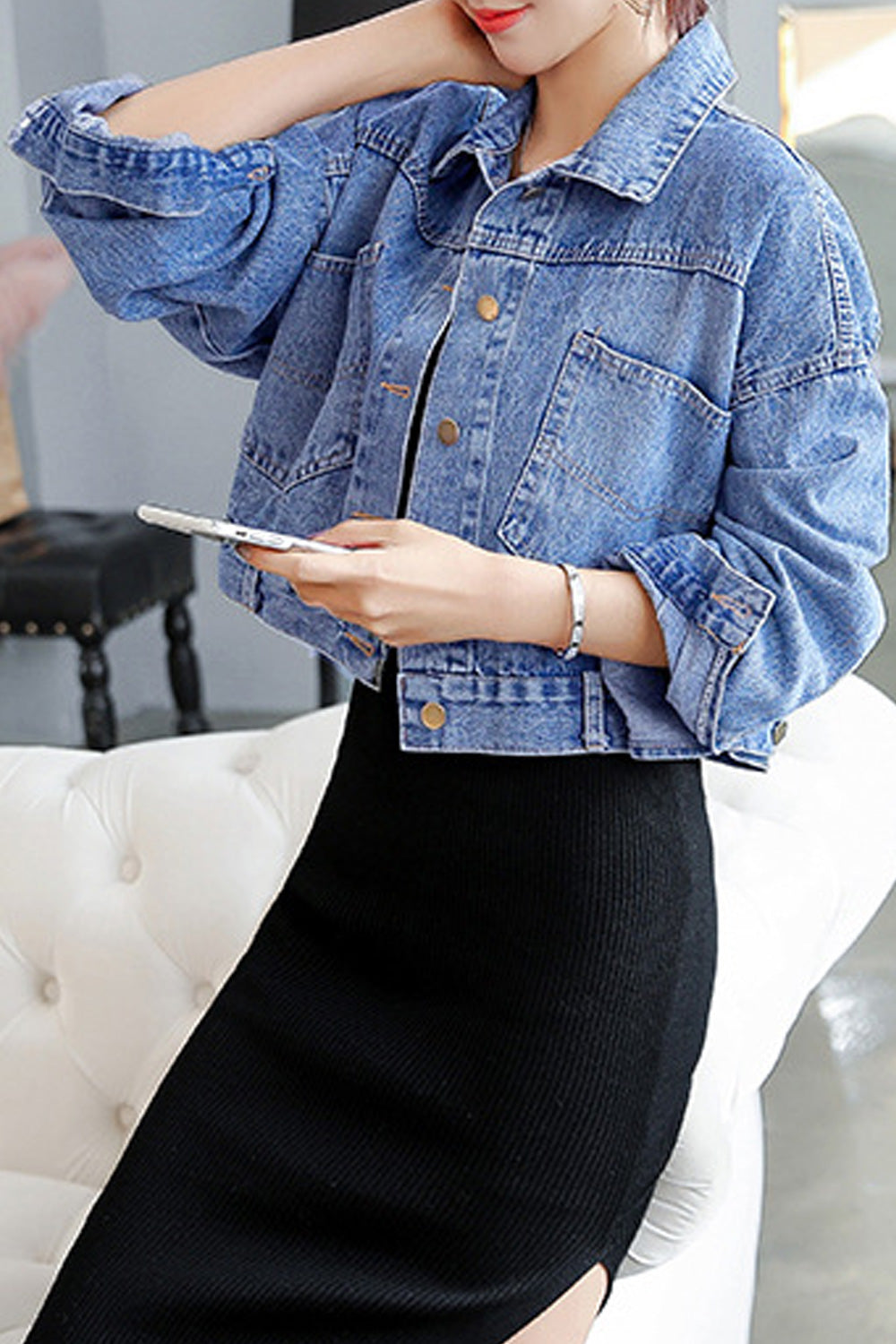 Women Simple Solid Colored Long Sleeve Collar Neck Fantastic Wind Breaker Denim Jacket