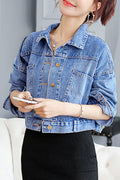 Women Simple Solid Colored Long Sleeve Collar Neck Fantastic Wind Breaker Denim Jacket