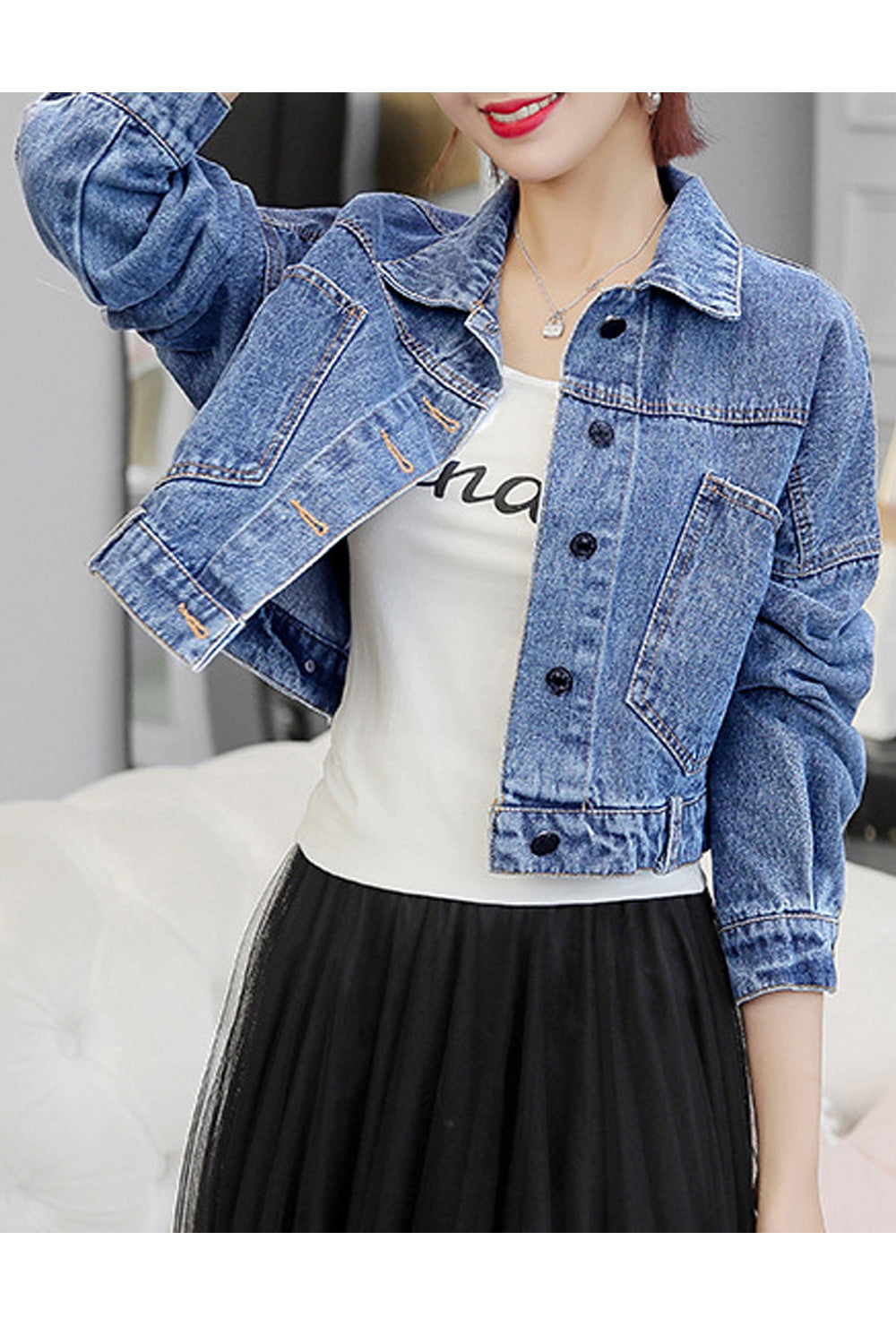 Women Pocket Styling Long Sleeve Fabulous Winter Wind Proof Solid Pattern Classy Denim Jacket