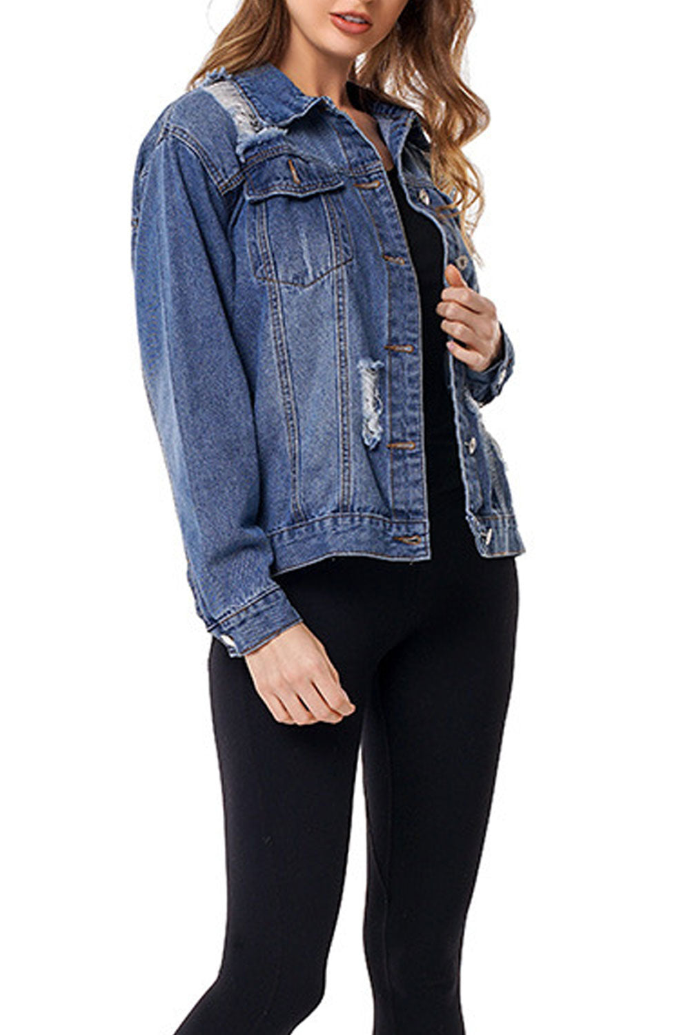 Women Button Closure Alluring Ripped Style Long Sleeve Elegant Denim Jacket