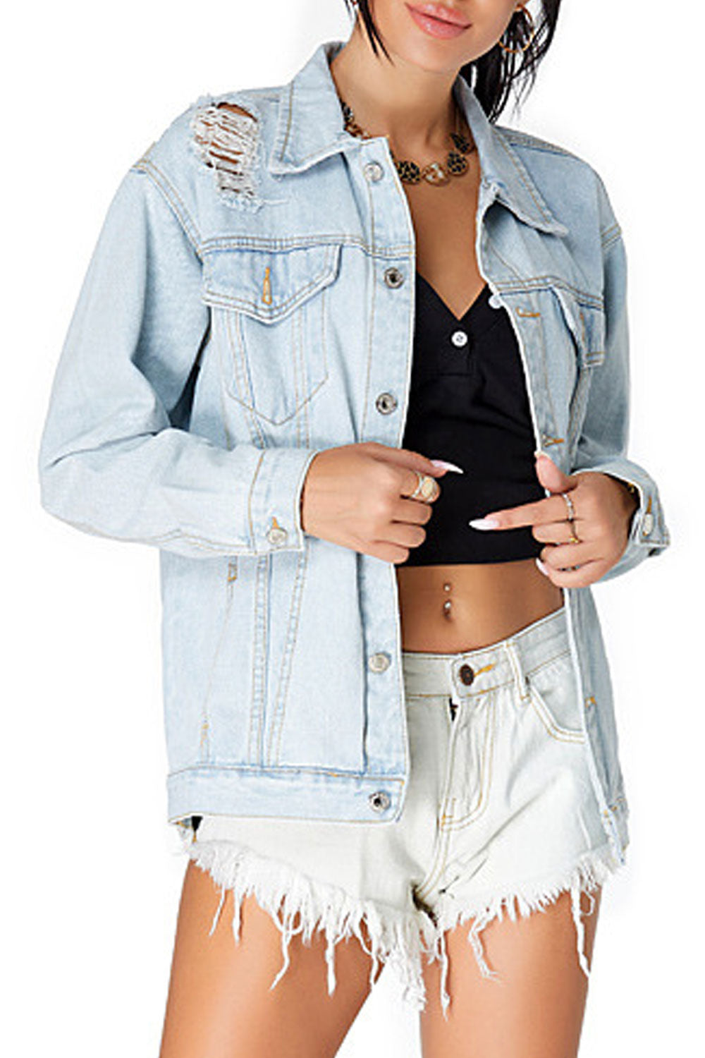 Women Classy Solid Colored Long Sleeve Lightweight Winter Denim Jacket