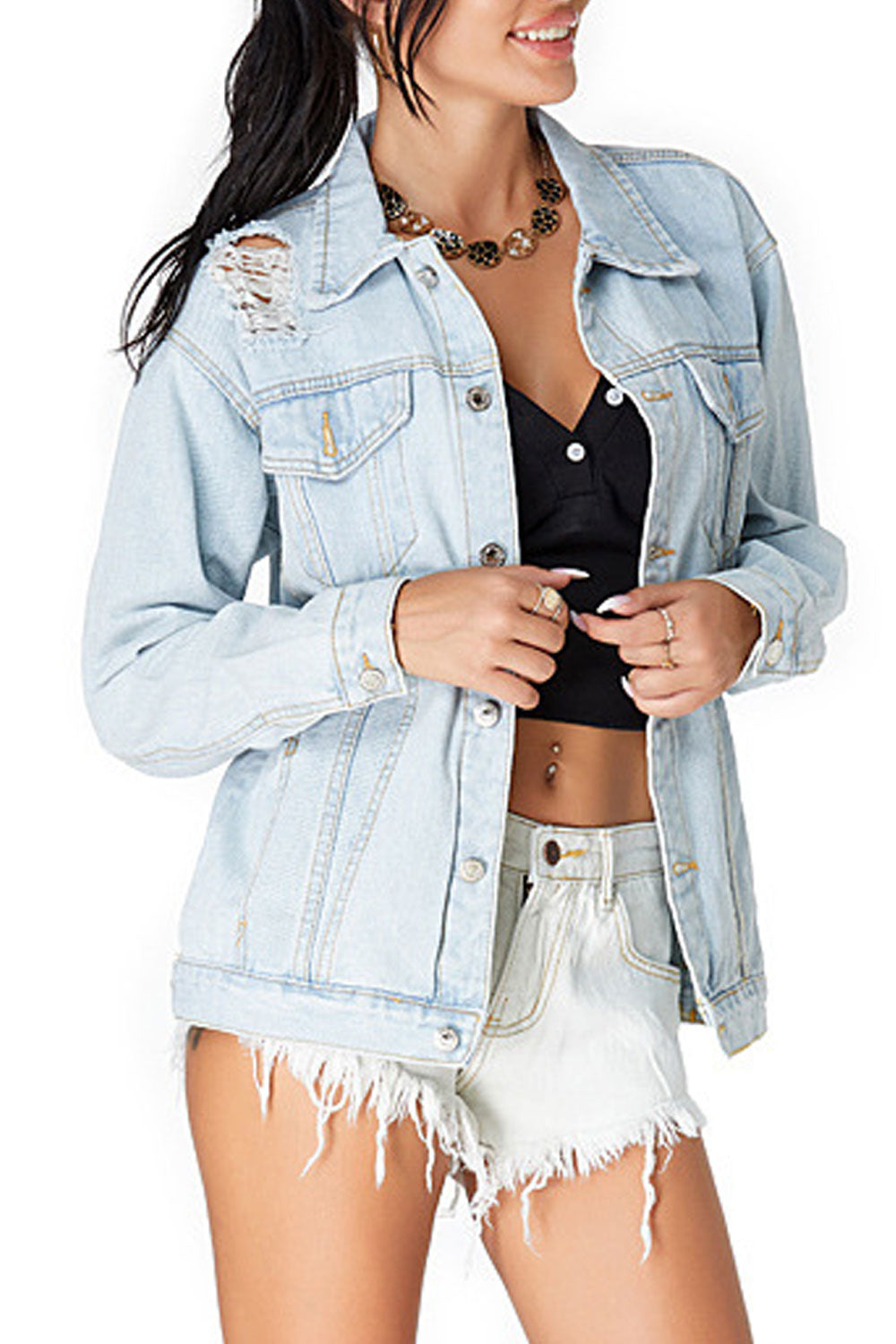 Women Classy Solid Colored Long Sleeve Lightweight Winter Denim Jacket