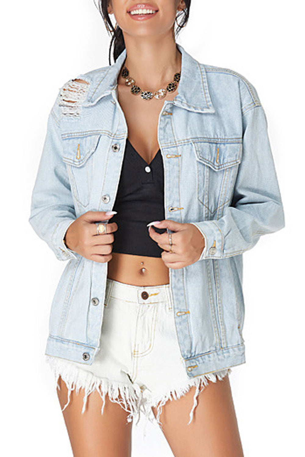 Women Classy Solid Colored Long Sleeve Lightweight Winter Denim Jacket