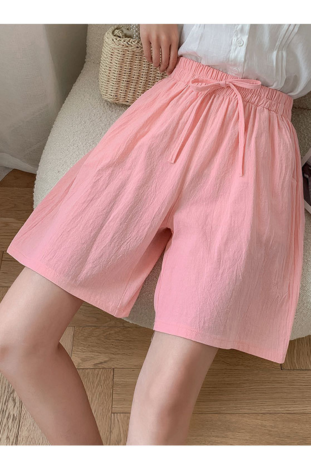 Women Elasticated Drawstring Middle Waist Elegent Solid Colored Loose Styled Summer Casual Short