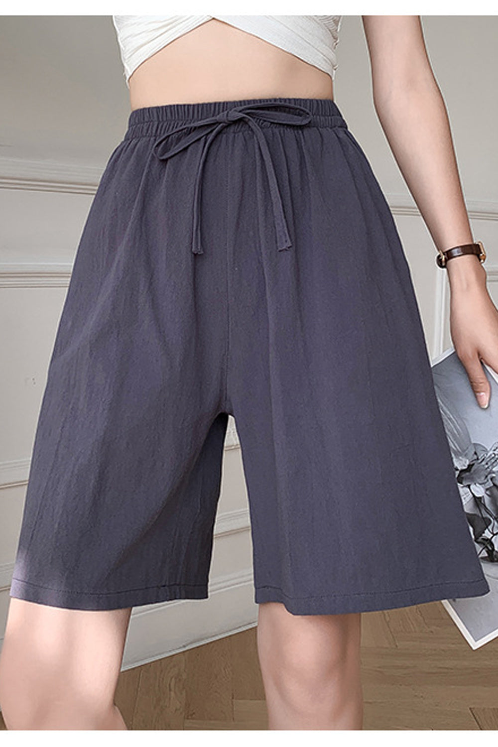 Women Elasticated Drawstring Middle Waist Elegent Solid Colored Loose Styled Summer Casual Short