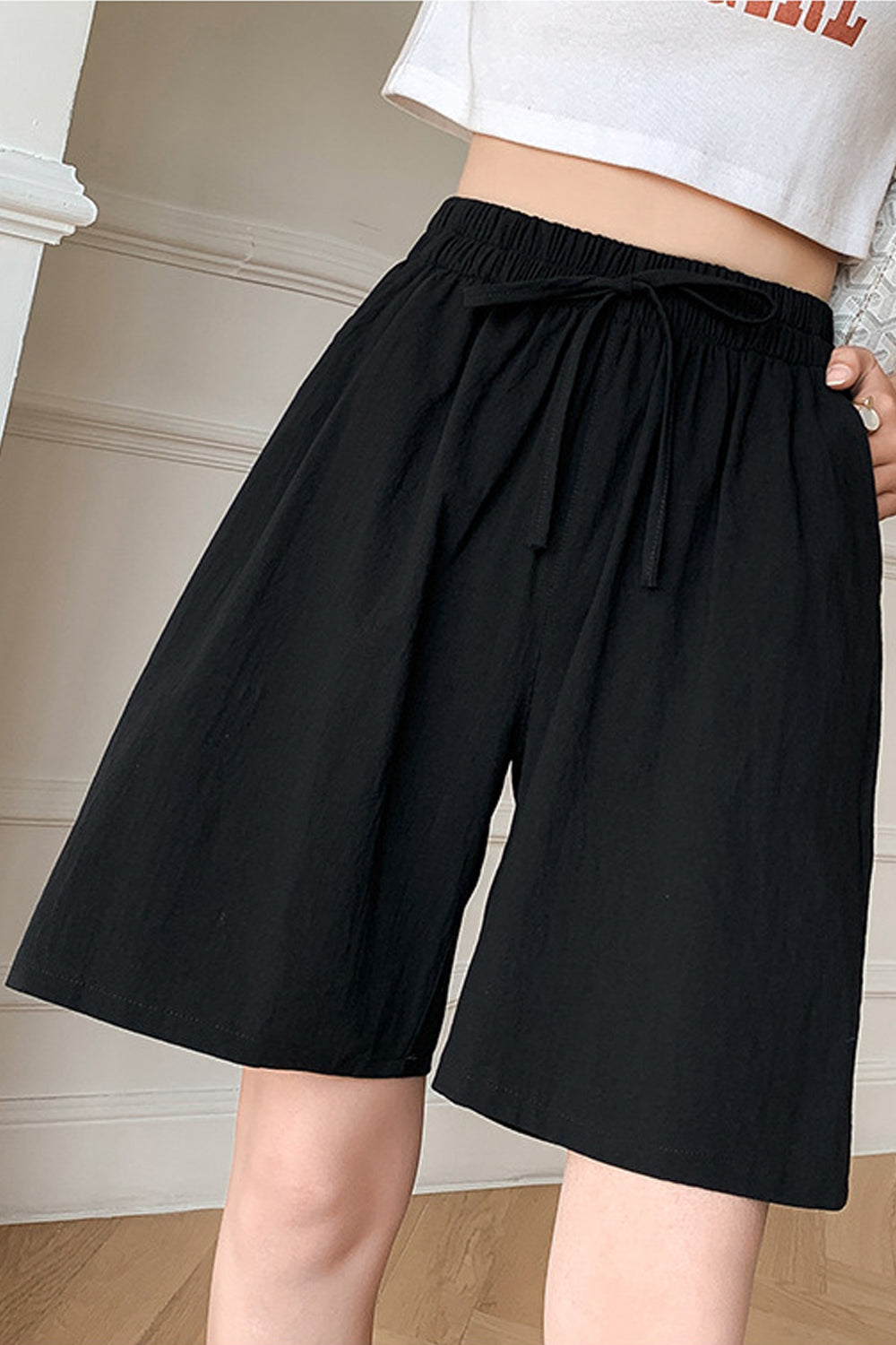 Women Elasticated Drawstring Middle Waist Elegent Solid Colored Loose Styled Summer Casual Short