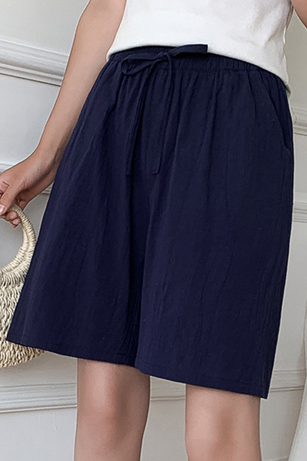 Women Elasticated Drawstring Middle Waist Elegent Solid Colored Loose Styled Summer Casual Short