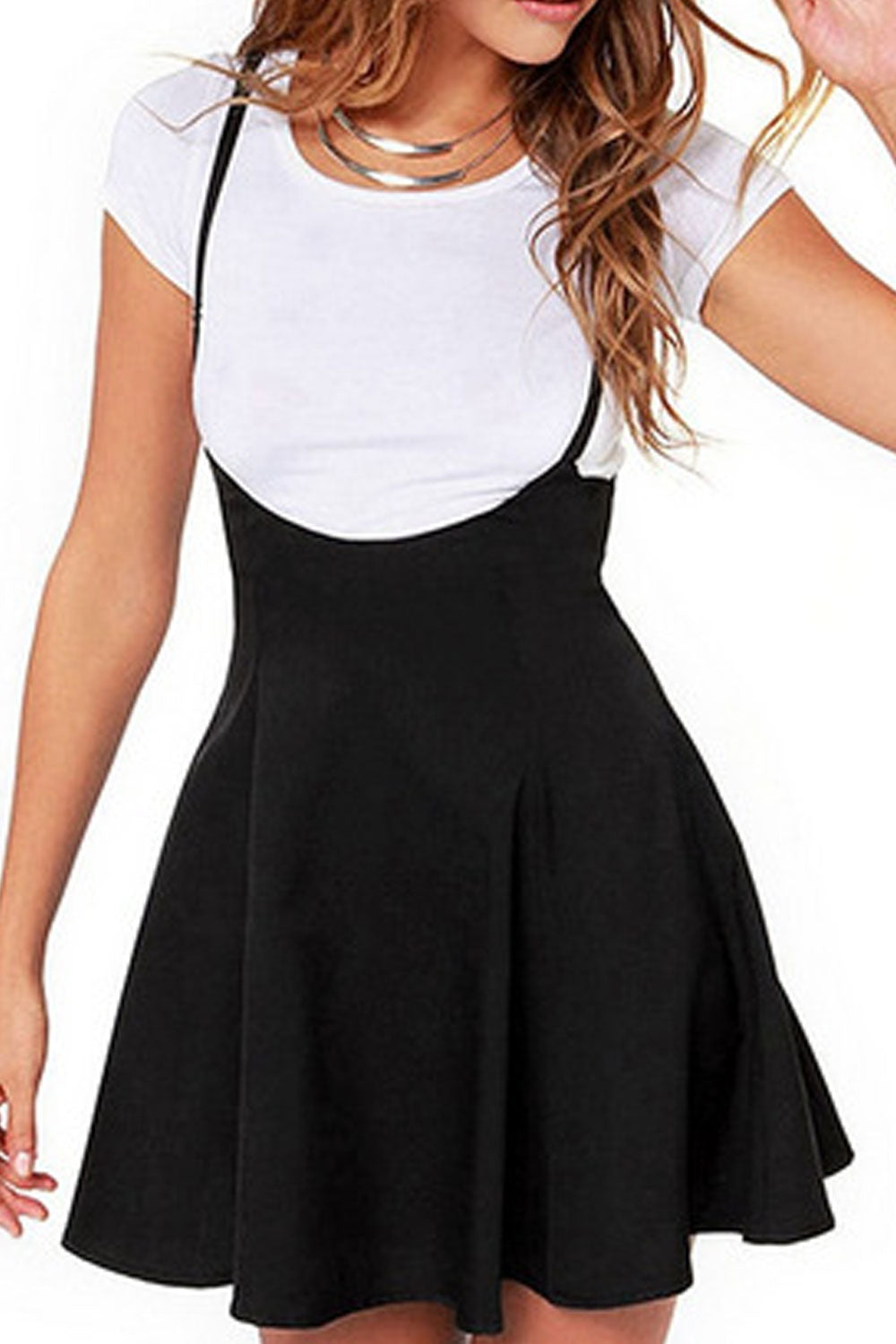 Women High Waist Adjustable Straped Shoulder Above Knee Elegent Solid Colored Restful Skirt