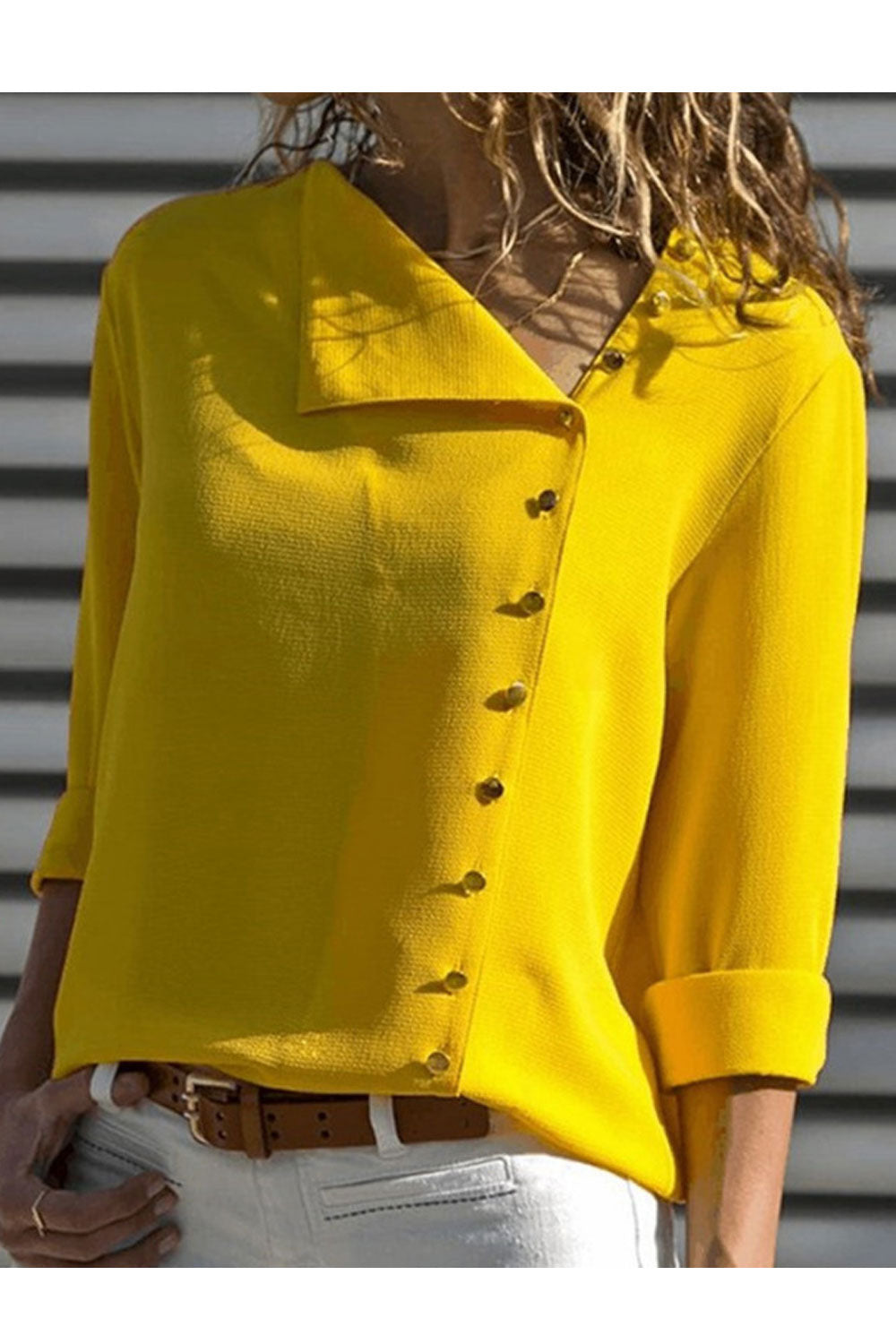 Women Stylish Asymmetric Neck Side Button Shirt