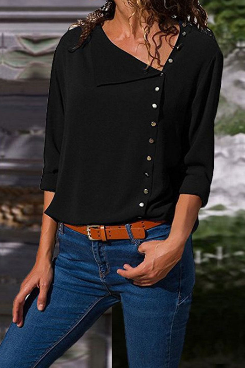 Women Stylish Asymmetric Neck Side Button Shirt