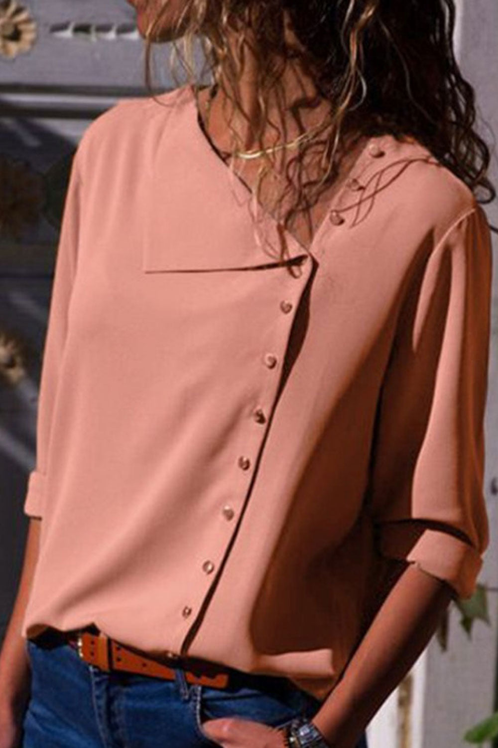 Women Stylish Asymmetric Neck Side Button Shirt