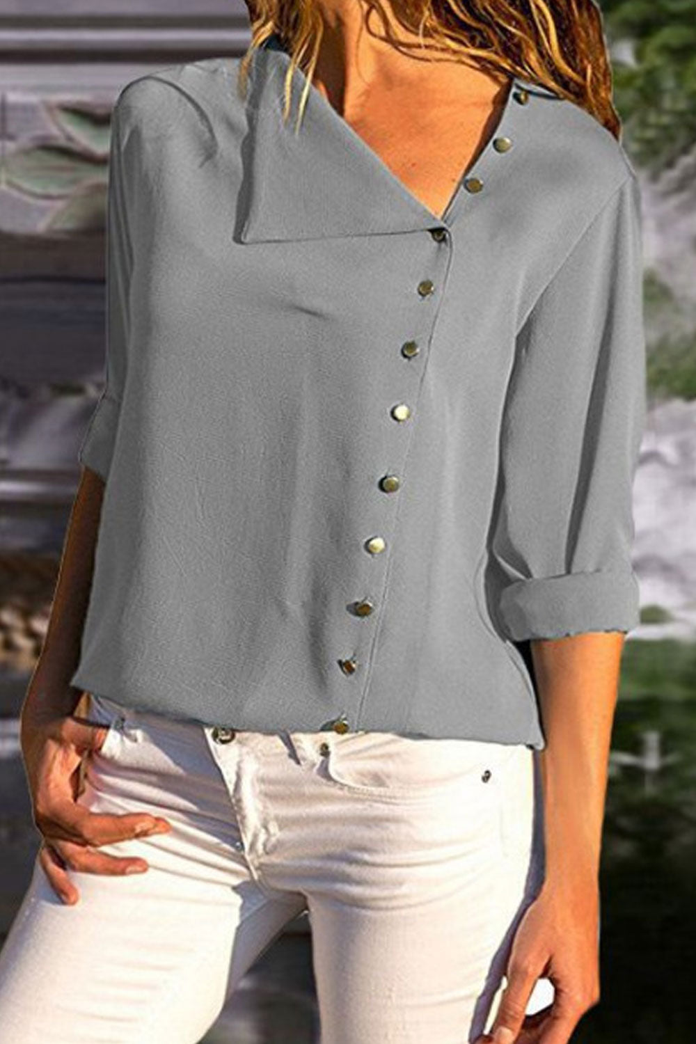 Women Stylish Asymmetric Neck Side Button Shirt