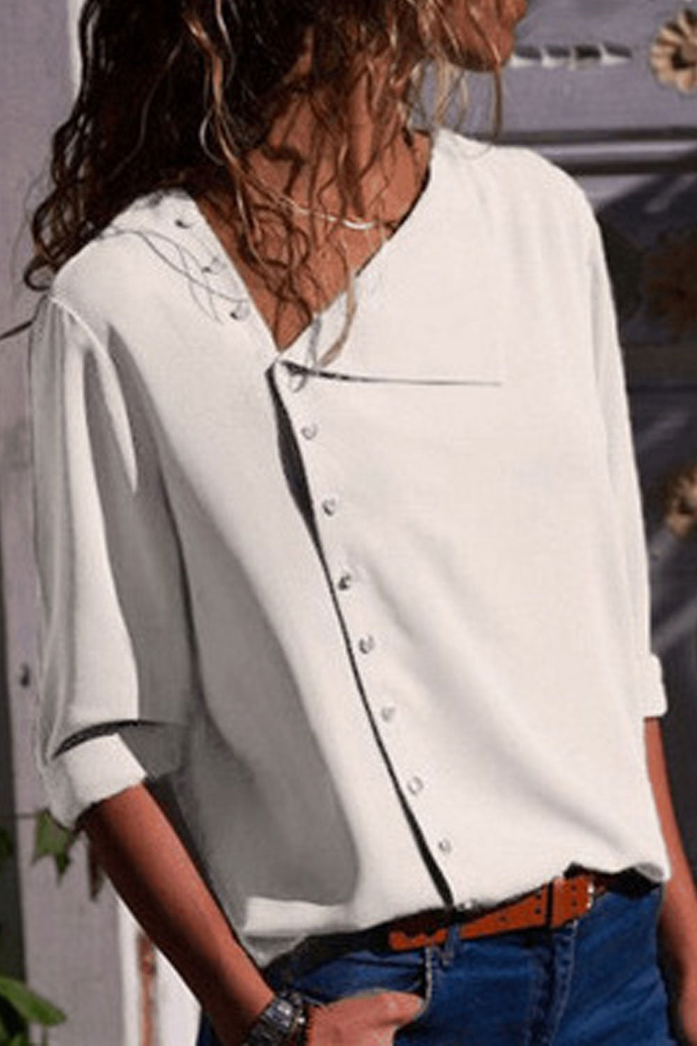 Women Stylish Asymmetric Neck Side Button Shirt