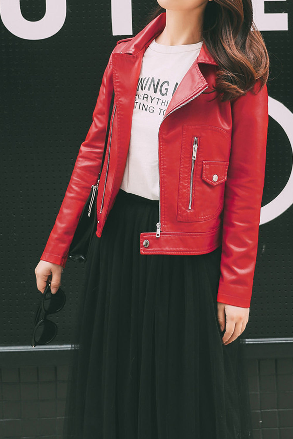 Women Long Sleeve Elegant Solid Colored Collar Neck Zipper Closure Winter PU Leather Jacket