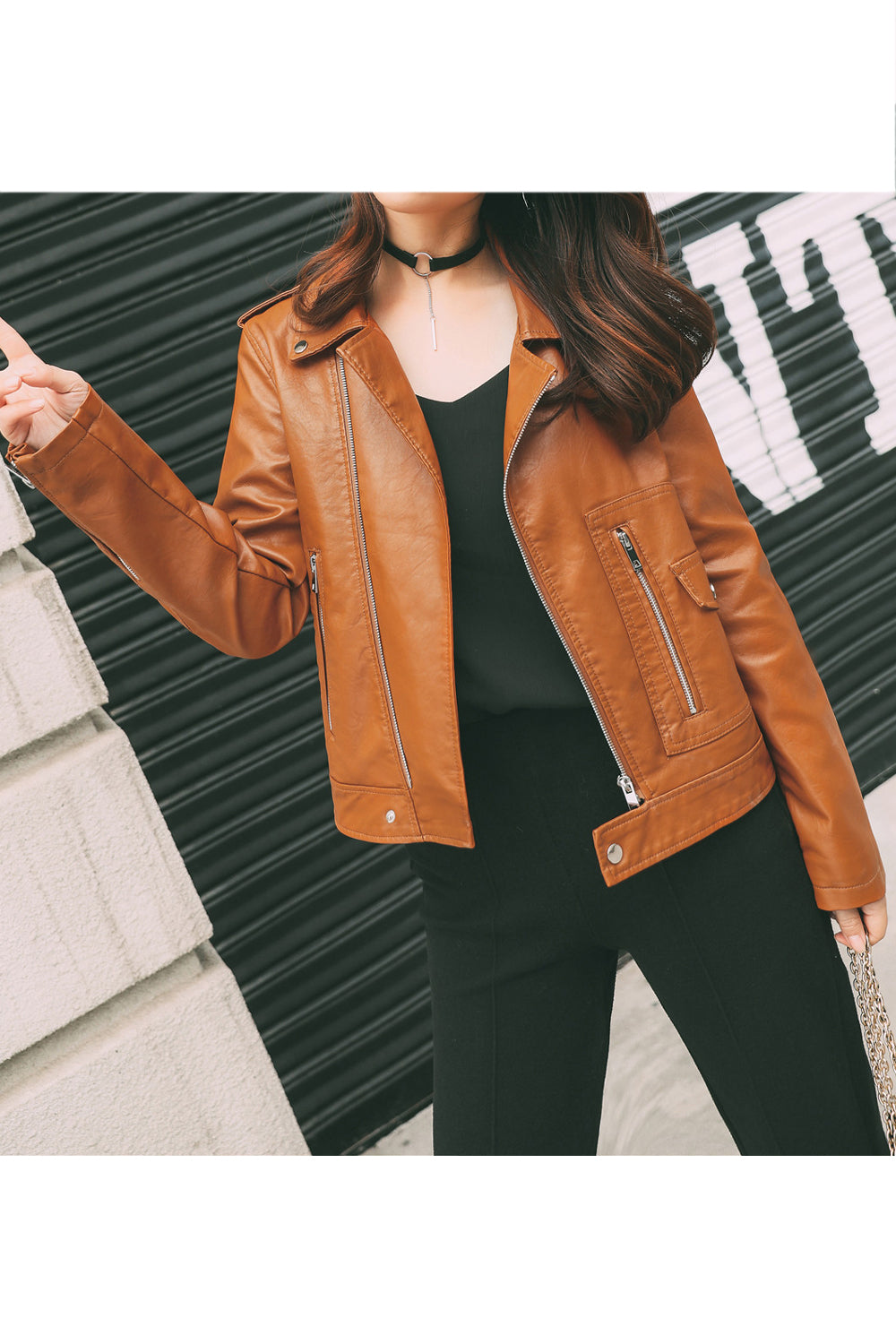 Women Long Sleeve Elegant Solid Colored Collar Neck Zipper Closure Winter PU Leather Jacket