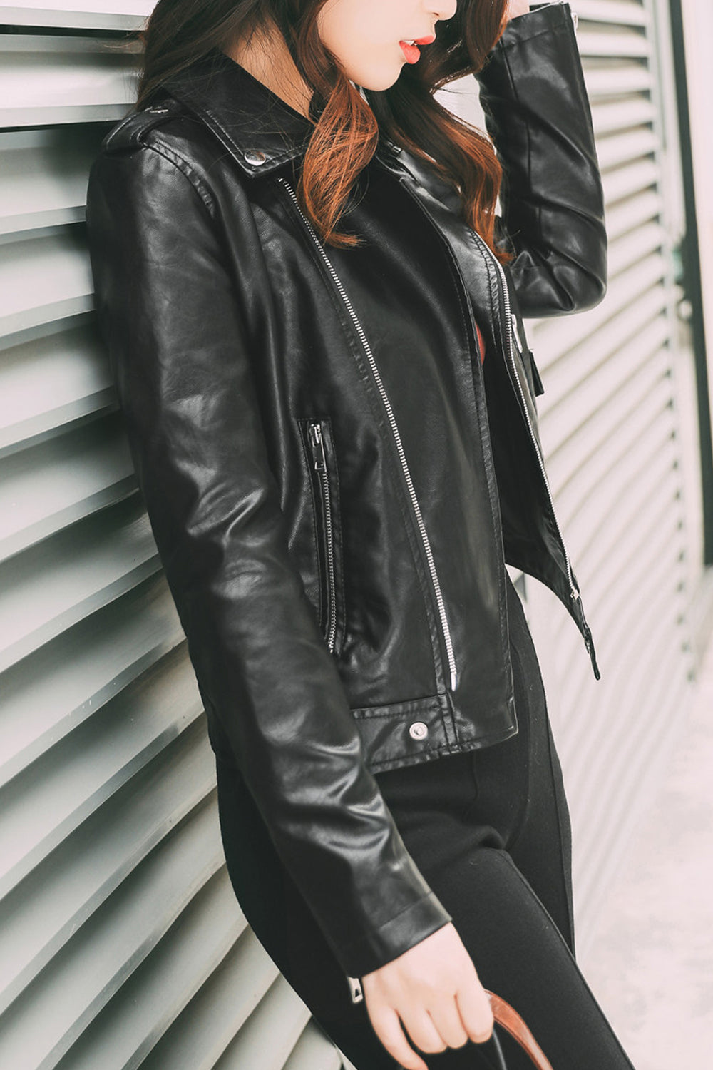 Women Long Sleeve Elegant Solid Colored Collar Neck Zipper Closure Winter PU Leather Jacket