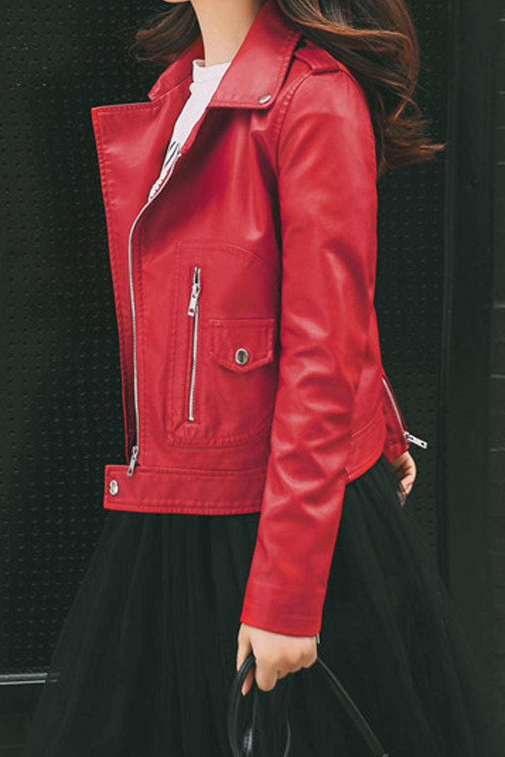 Women Long Sleeve Elegant Solid Colored Collar Neck Zipper Closure Winter PU Leather Jacket