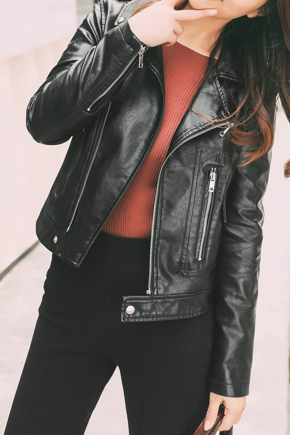 Women Long Sleeve Elegant Solid Colored Collar Neck Zipper Closure Winter PU Leather Jacket