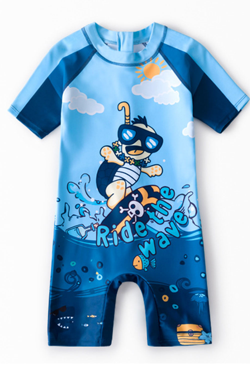 Kids Boys Smooth Zipper Closure Round Neck Thin Short Sleeve Tremendous Printed Pattern Pool Swimwear