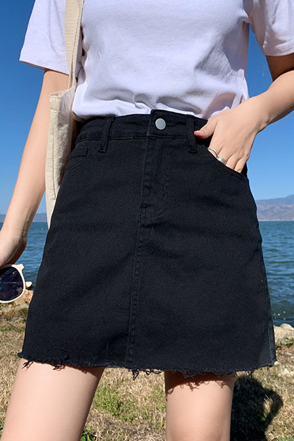 Women Relaxable High Waist Superb Solid Colored Summer A-Line Casual Denim Short Skirt