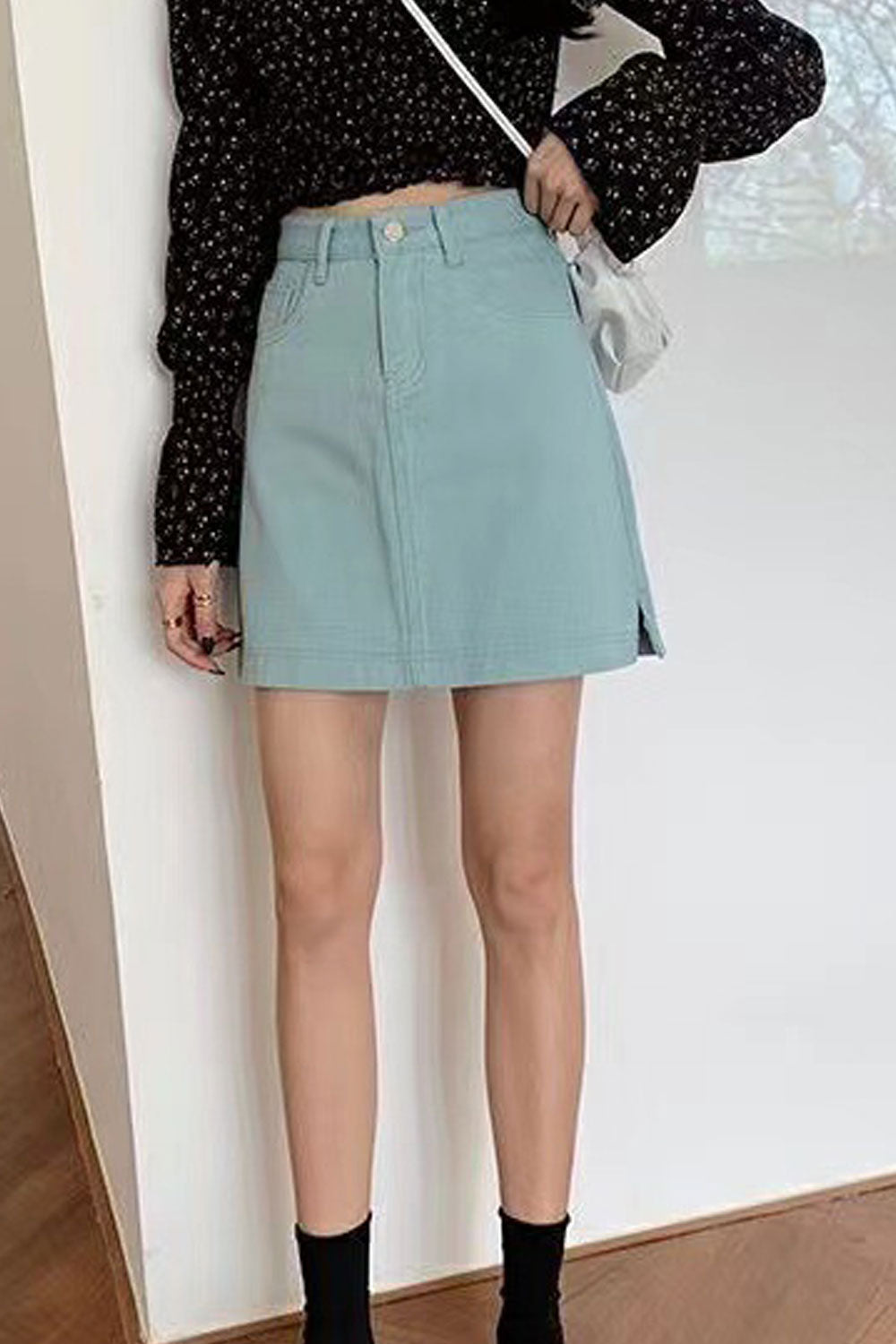 Women Stylish Denim Easy Button Closure High Waist Pockets Styled Comfy Short Skirt