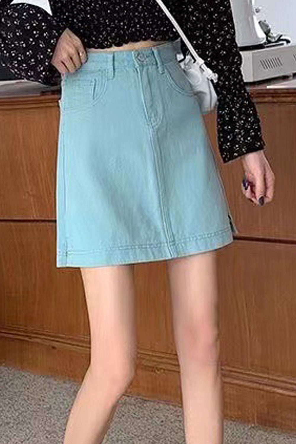Women Stylish Denim Easy Button Closure High Waist Pockets Styled Comfy Short Skirt