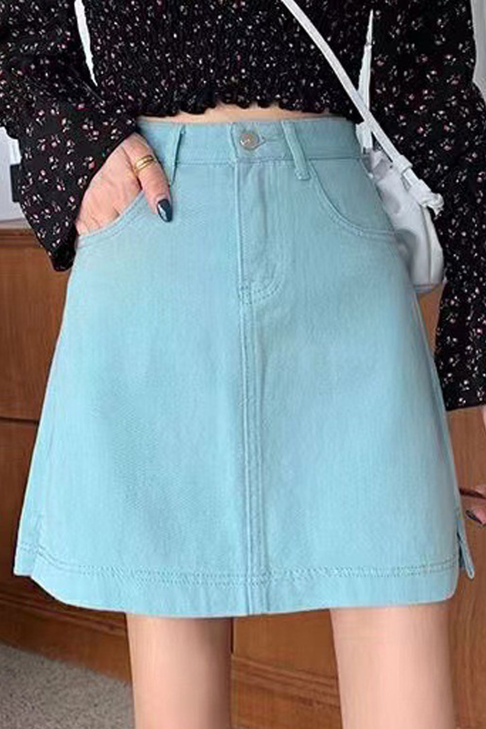 Women Stylish Denim Easy Button Closure High Waist Pockets Styled Comfy Short Skirt