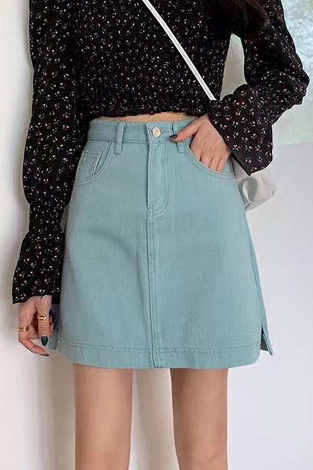 Women Stylish Denim Easy Button Closure High Waist Pockets Styled Comfy Short Skirt