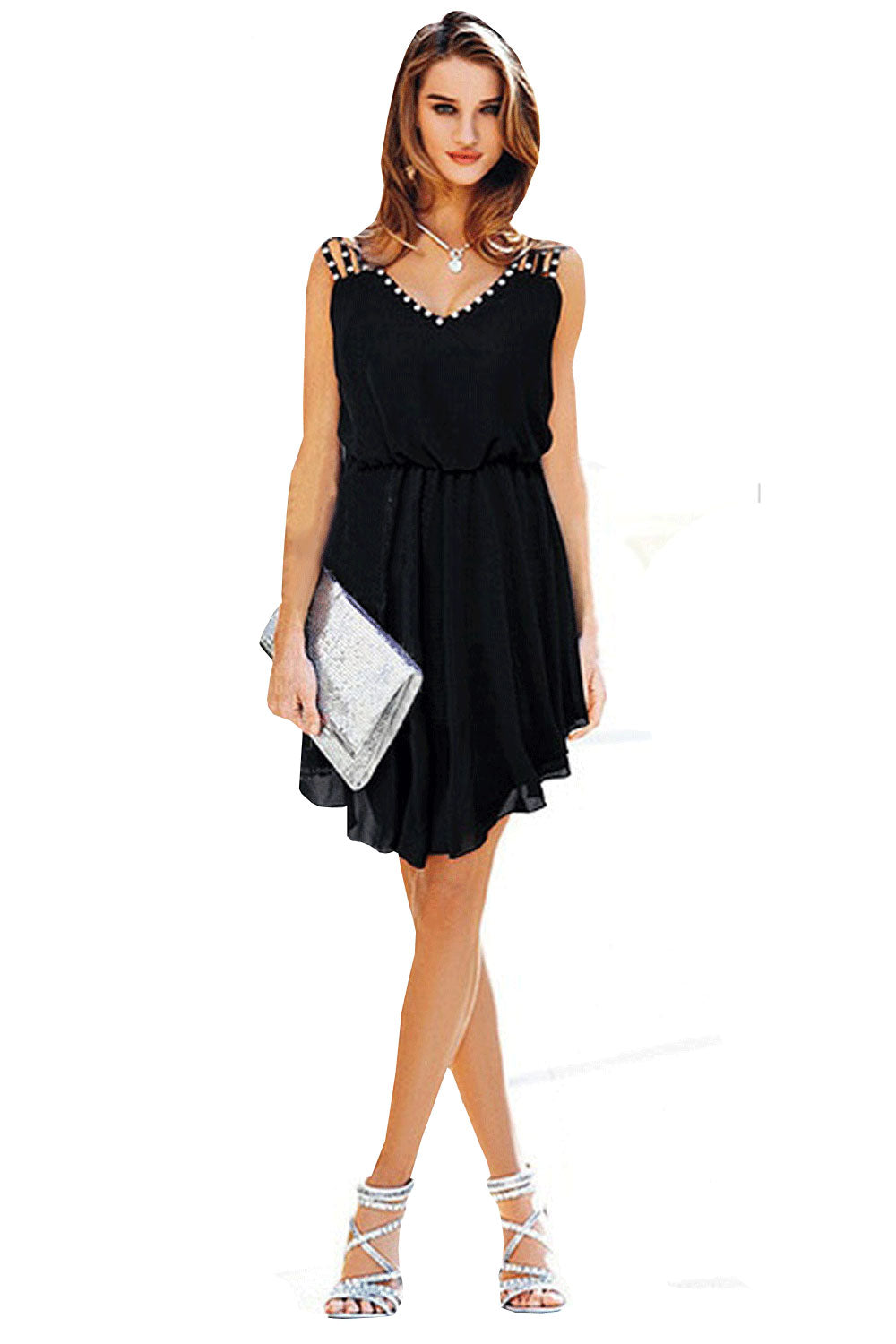 Women's Sleeveless Diamond Straps Pleated Waist Dress