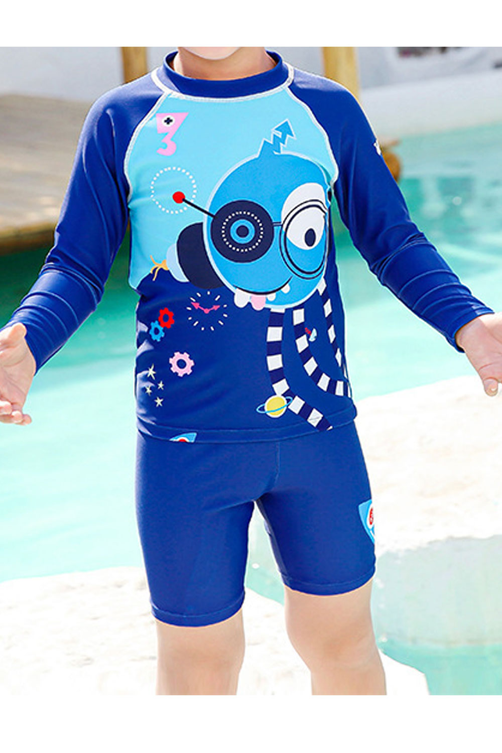 Kids Boys One-Piece Elegent Cartoon Pattern Long Sleeve Summer Breathable Round Neck Pool Swimwear