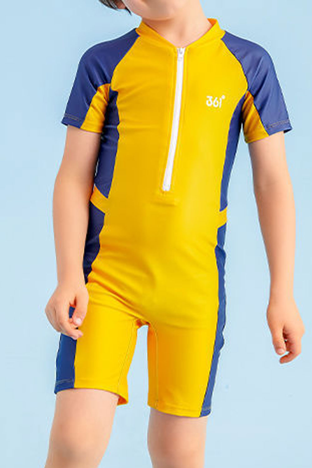 Kids Boys Trendy Solid Colored Zipper Styled Thin Short Sleeve Summer Slim Fit Pool Swimwear