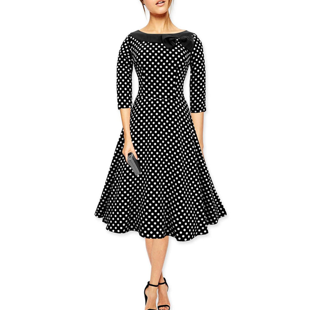 Women Round Neck Bow Polka Dot Halter Dress