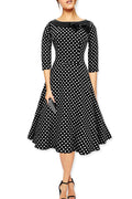 Women Round Neck Bow Doted Halter Dress Black with White Dot