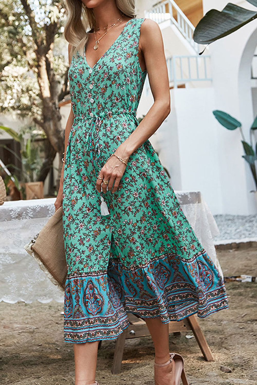 Women Slit Styled Mid-Length Summer Sleeveless V-Neck Tremendous Floral Pattern Party Dress