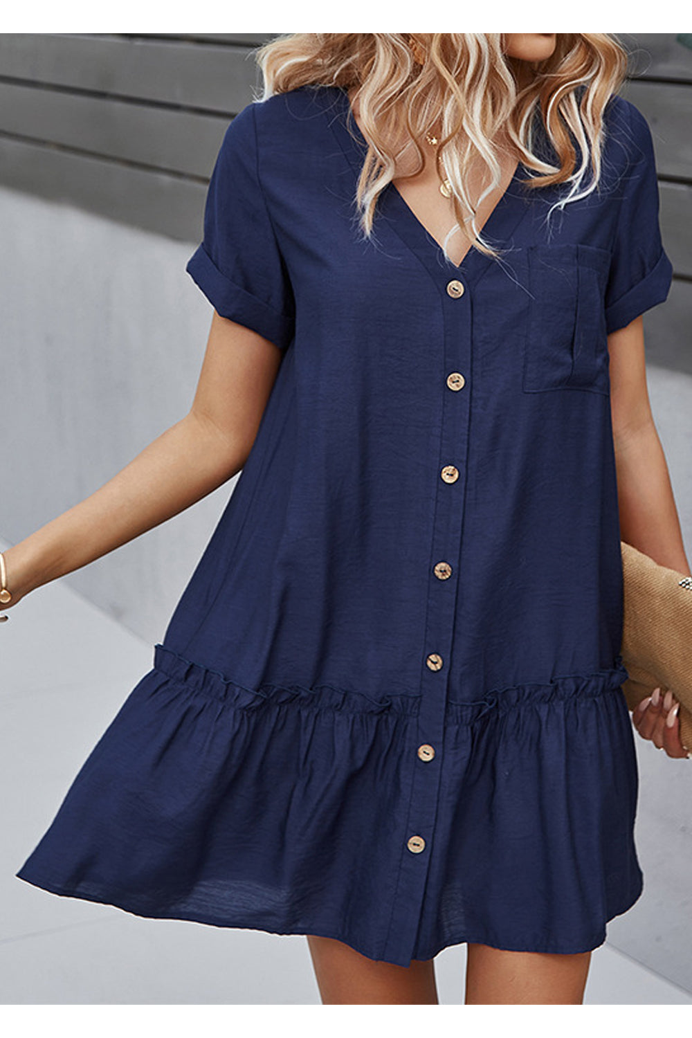 Women Splendid Solid Colored Deep V-Neck Easy Button Closure Short Sleeve Above Knee Weekend Dress