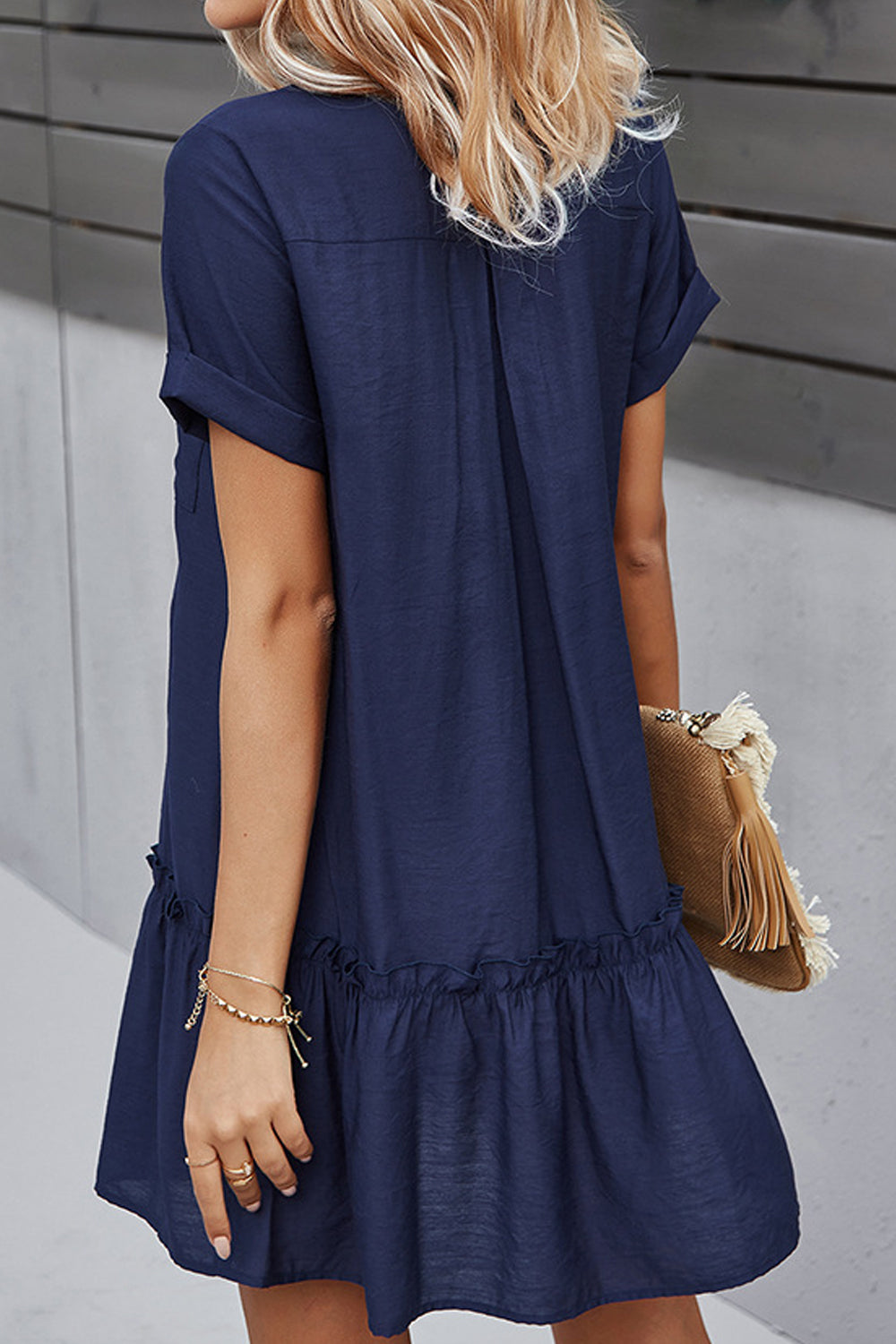Women Splendid Solid Colored Deep V-Neck Easy Button Closure Short Sleeve Above Knee Weekend Dress