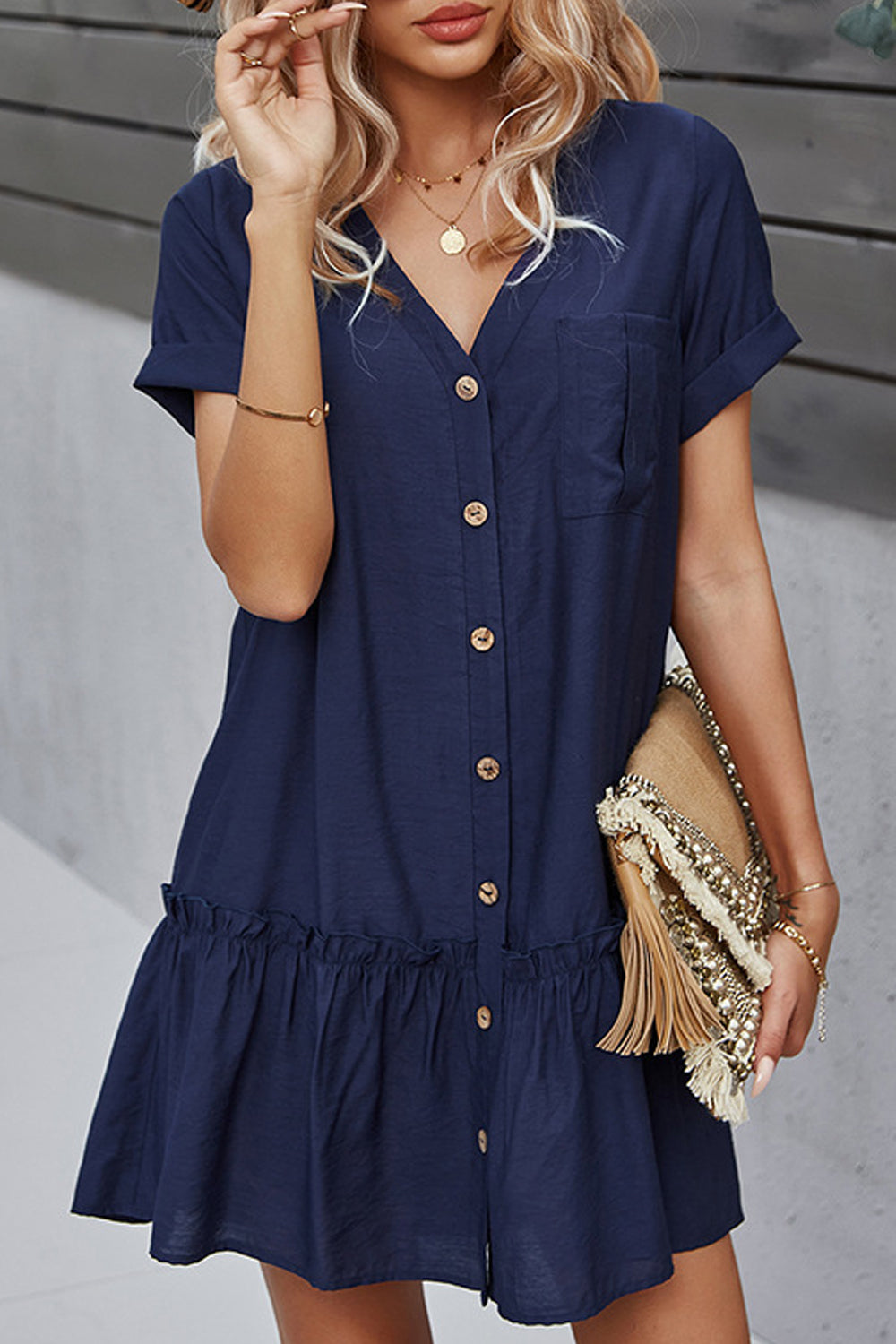 Women Splendid Solid Colored Deep V-Neck Easy Button Closure Short Sleeve Above Knee Weekend Dress