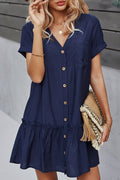 Women Splendid Solid Colored Deep V-Neck Easy Button Closure Short Sleeve Above Knee Weekend Dress