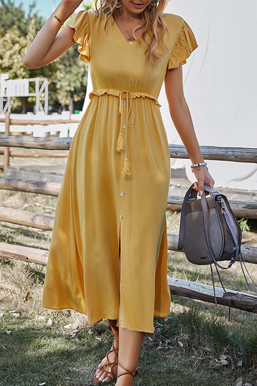 Women Fabulous Solid Colored Fashion Cap Sleeve V-Neck Summer Mid-Length Party Dress