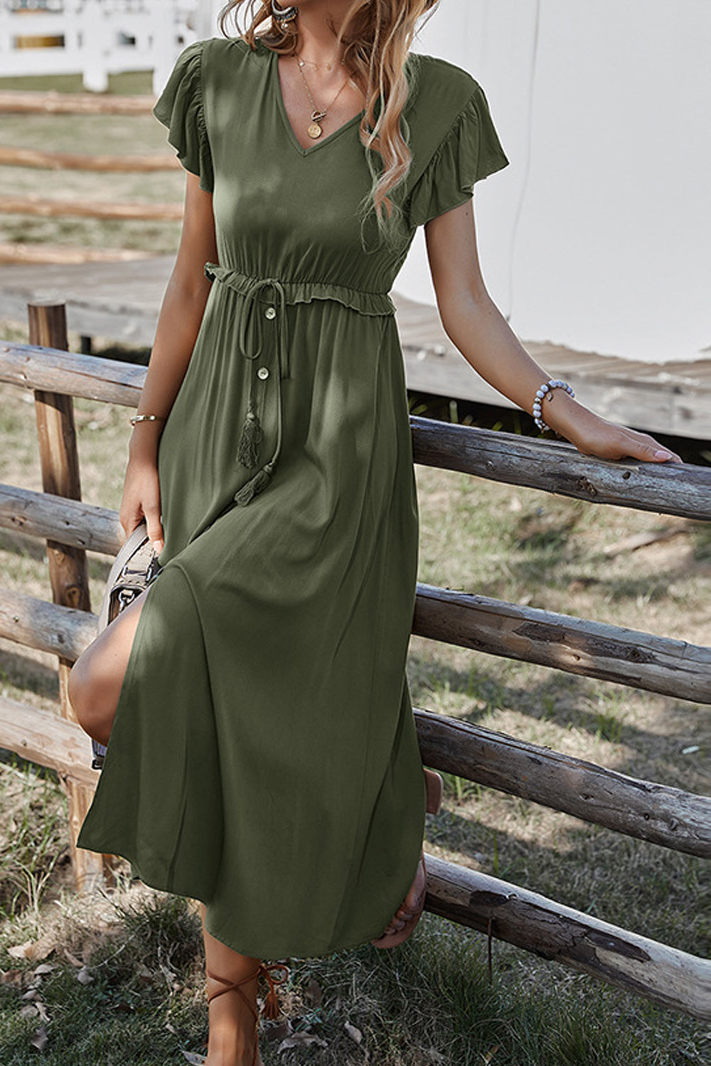 Women Fabulous Solid Colored Fashion Cap Sleeve V-Neck Summer Mid-Length Party Dress